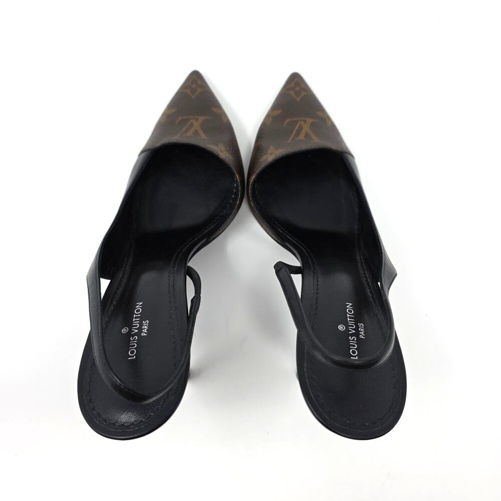 Louis Vuitton Monogram Slingback Pumps Cherie Pointed Toe Leather Heels 37.5 7.5 - Picture 6 of 11